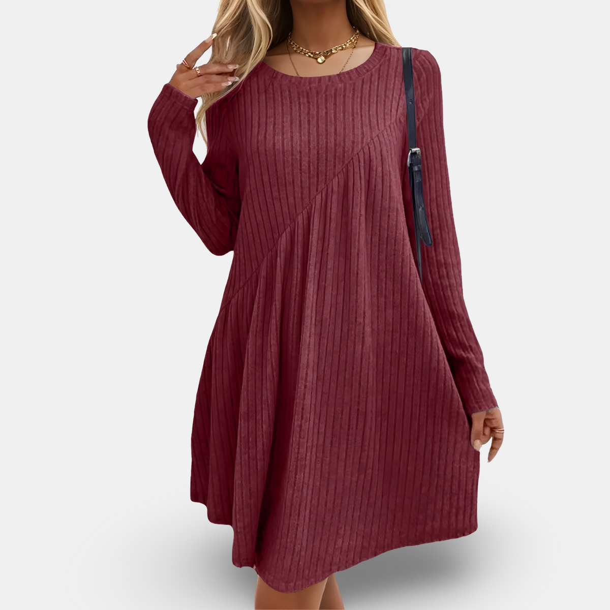 Ribbed Knit Long Sleeve Crew Neck Asymmetric Seam Flare Mini Dress - View 8