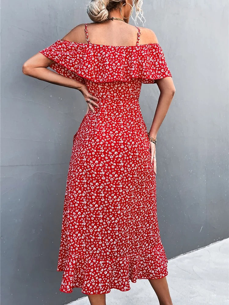 Floral Print Cold Shoulder Ruffle Wrap Midi Dress - View 3