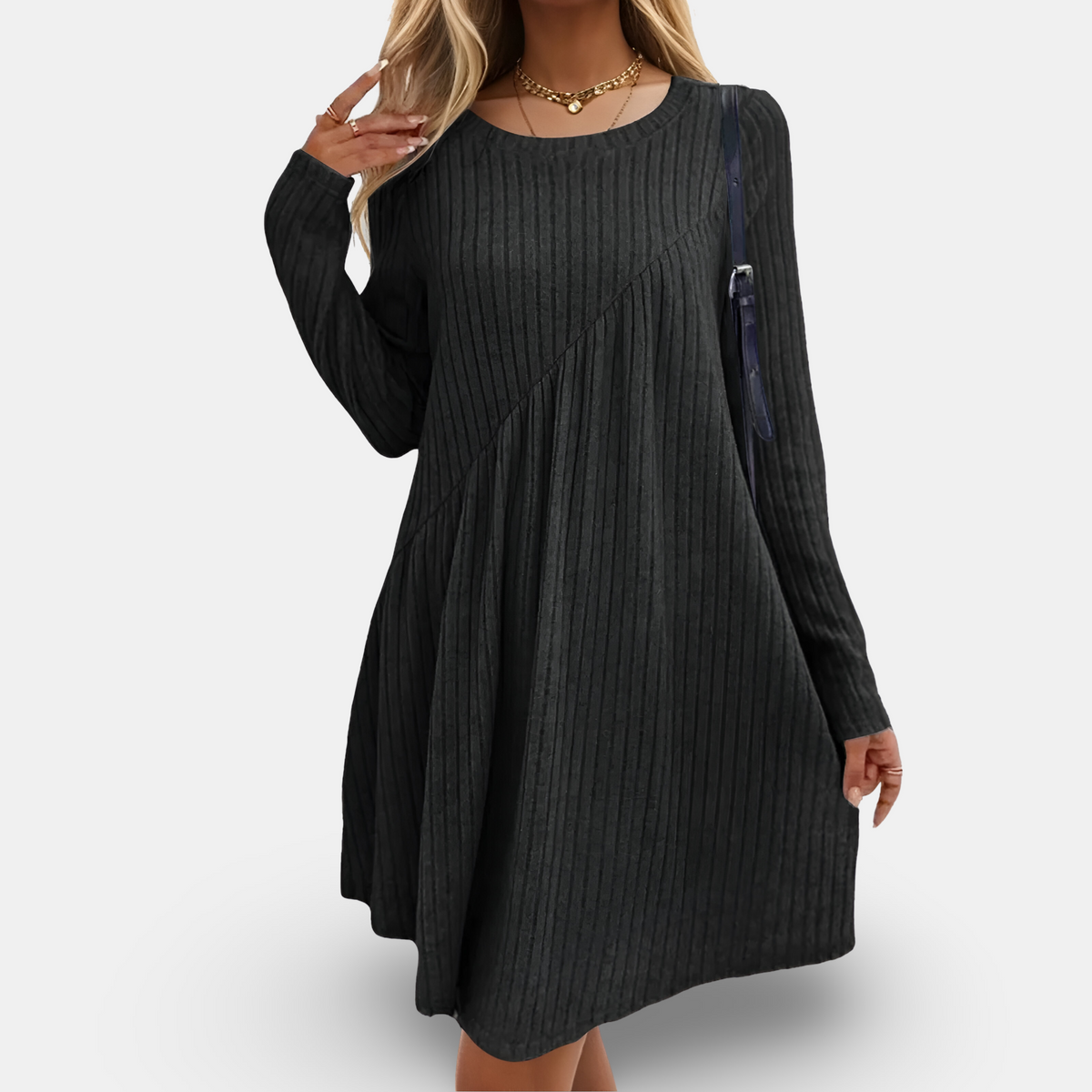 Ribbed Knit Long Sleeve Crew Neck Asymmetric Seam Flare Mini Dress - View 7
