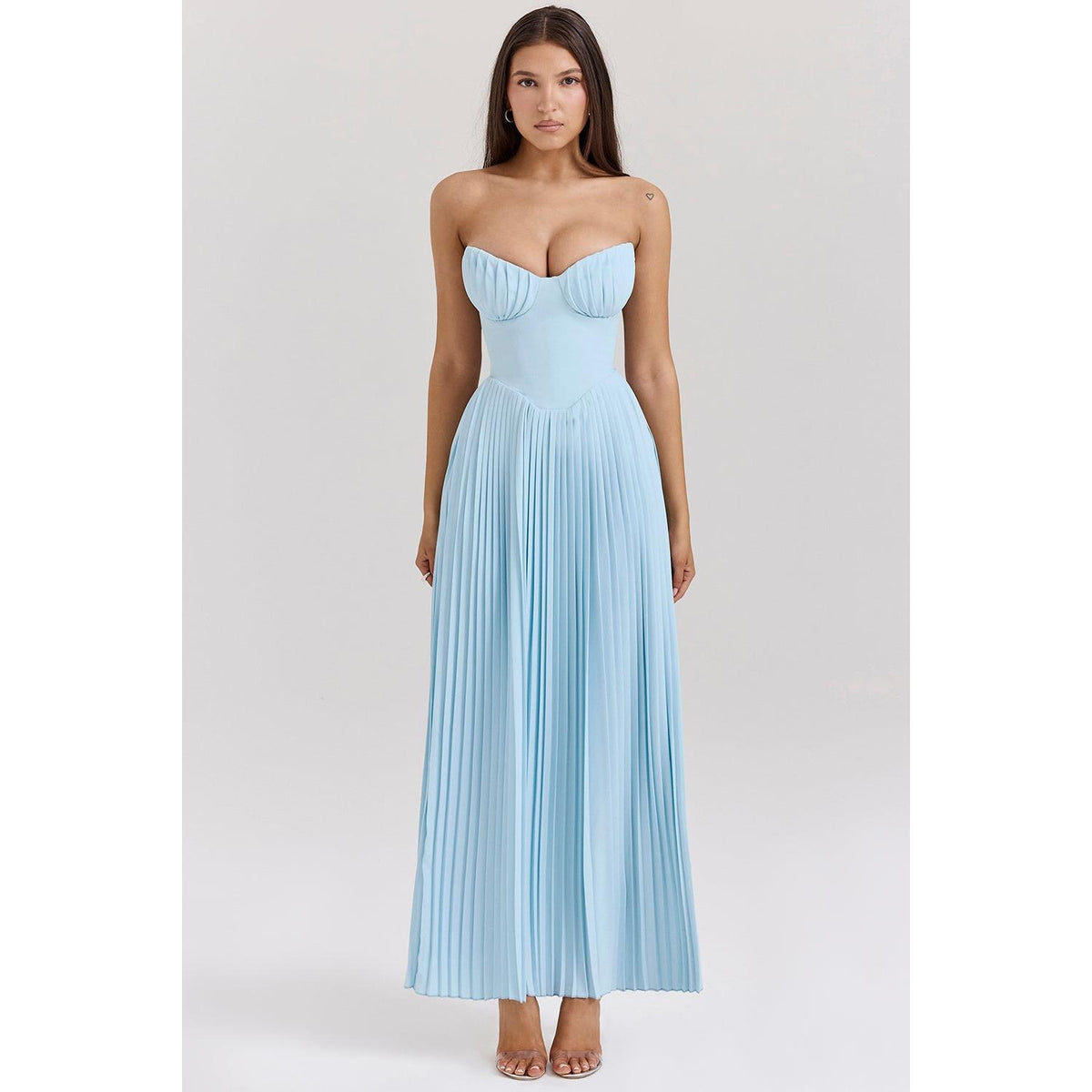 Strapless Sweetheart Corset Bodice Accordion Pleated Maxi Gown