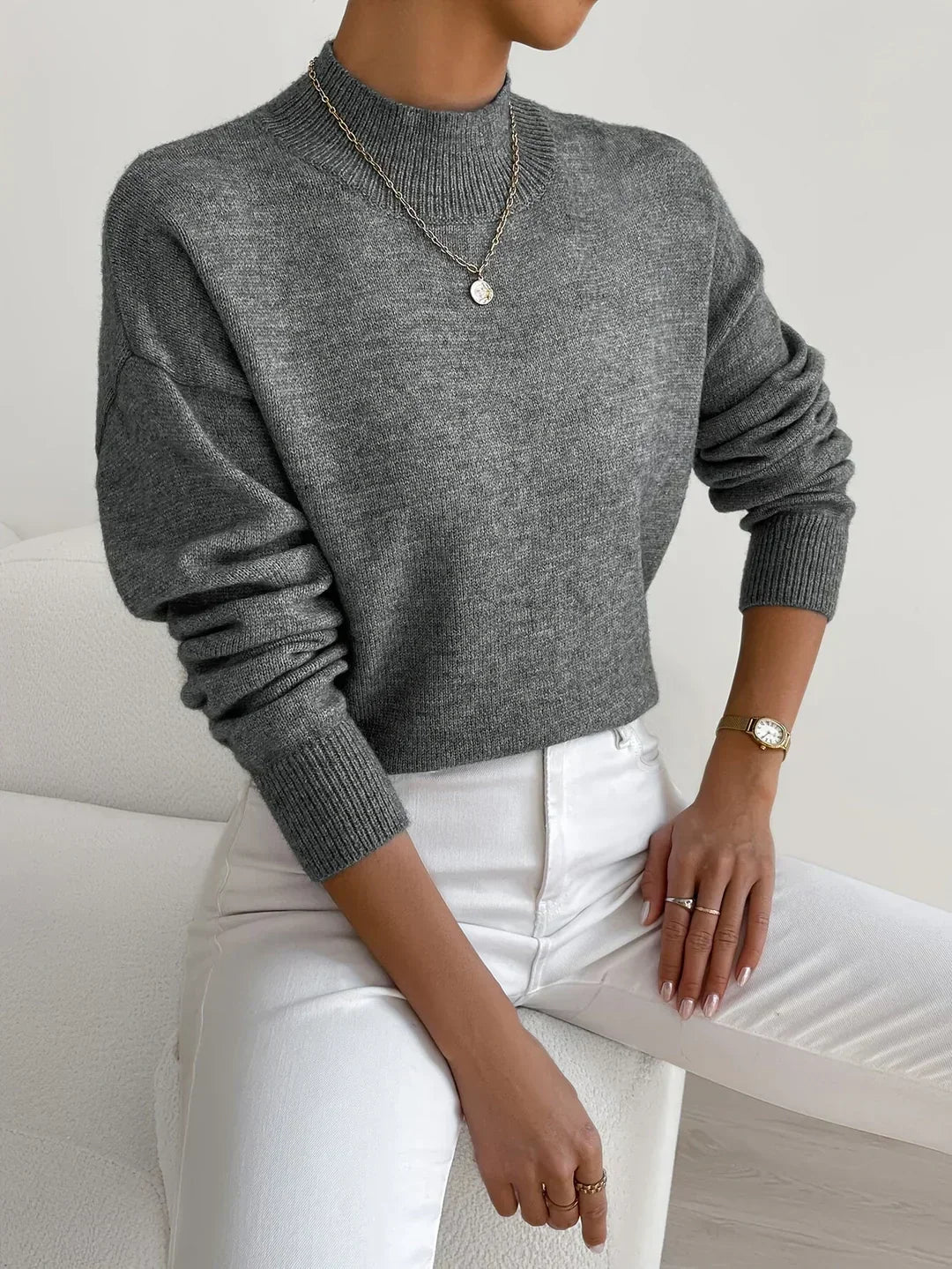 Mock Neck Long Sleeve Drop Shoulder Knit Sweater 9