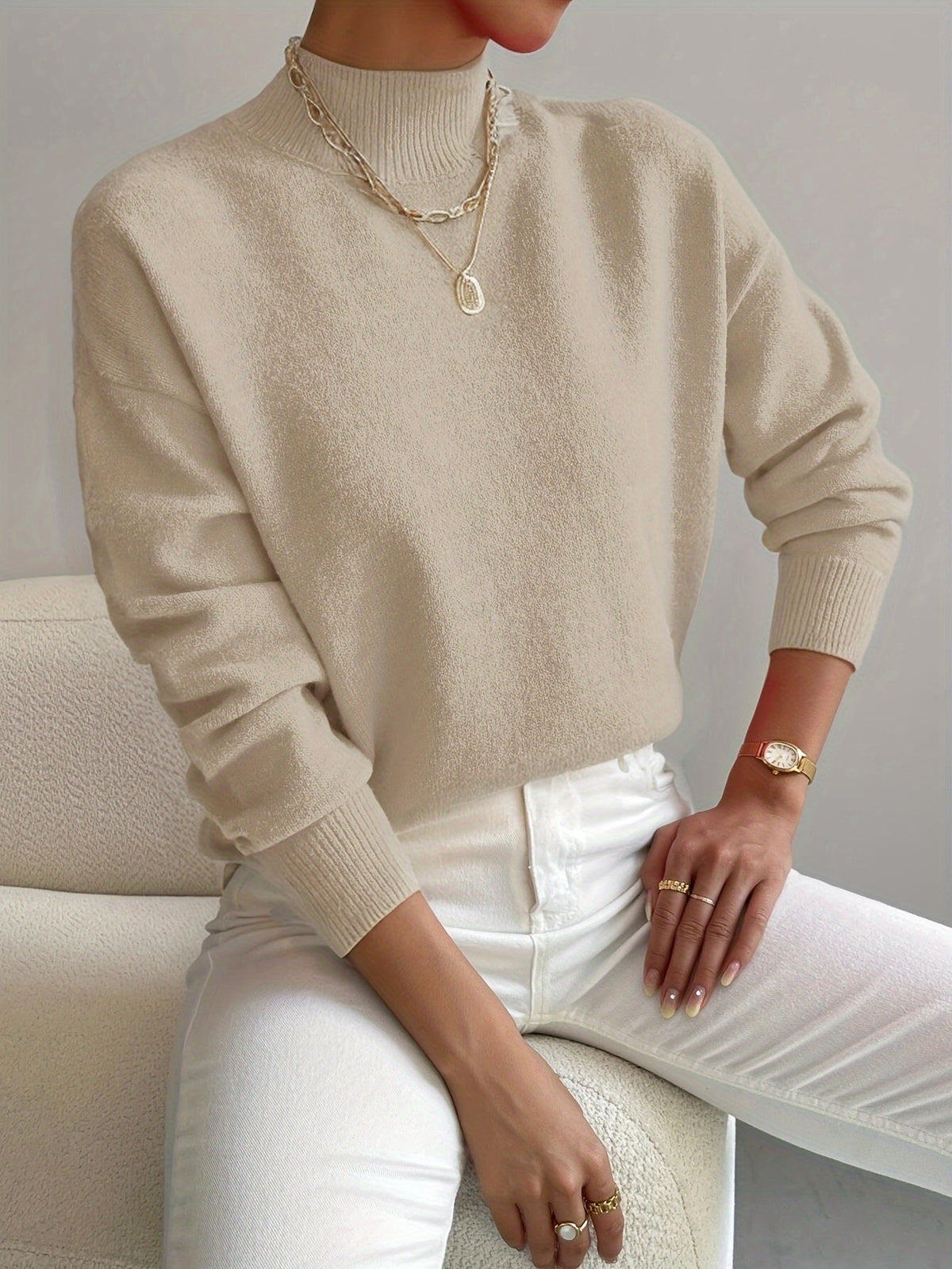 Mock Neck Long Sleeve Drop Shoulder Knit Sweater 5