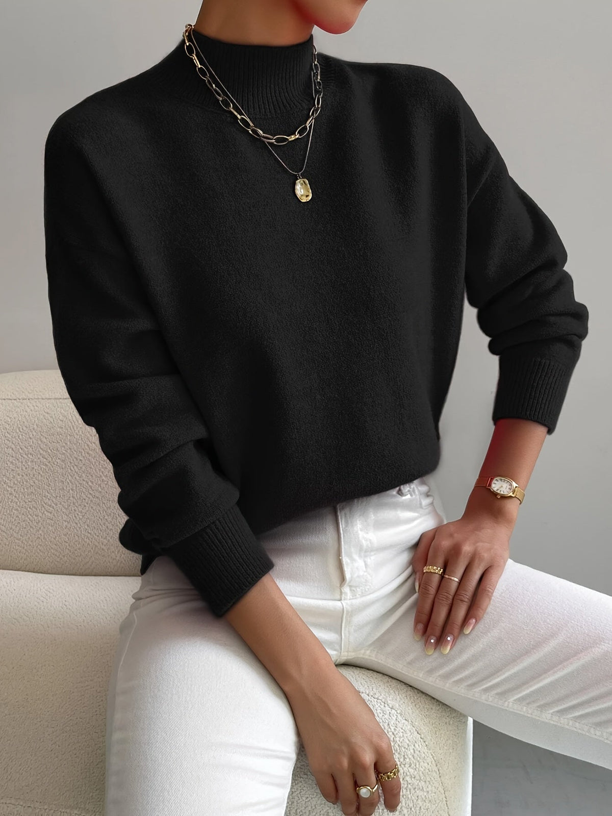 Mock Neck Long Sleeve Drop Shoulder Knit Sweater 6