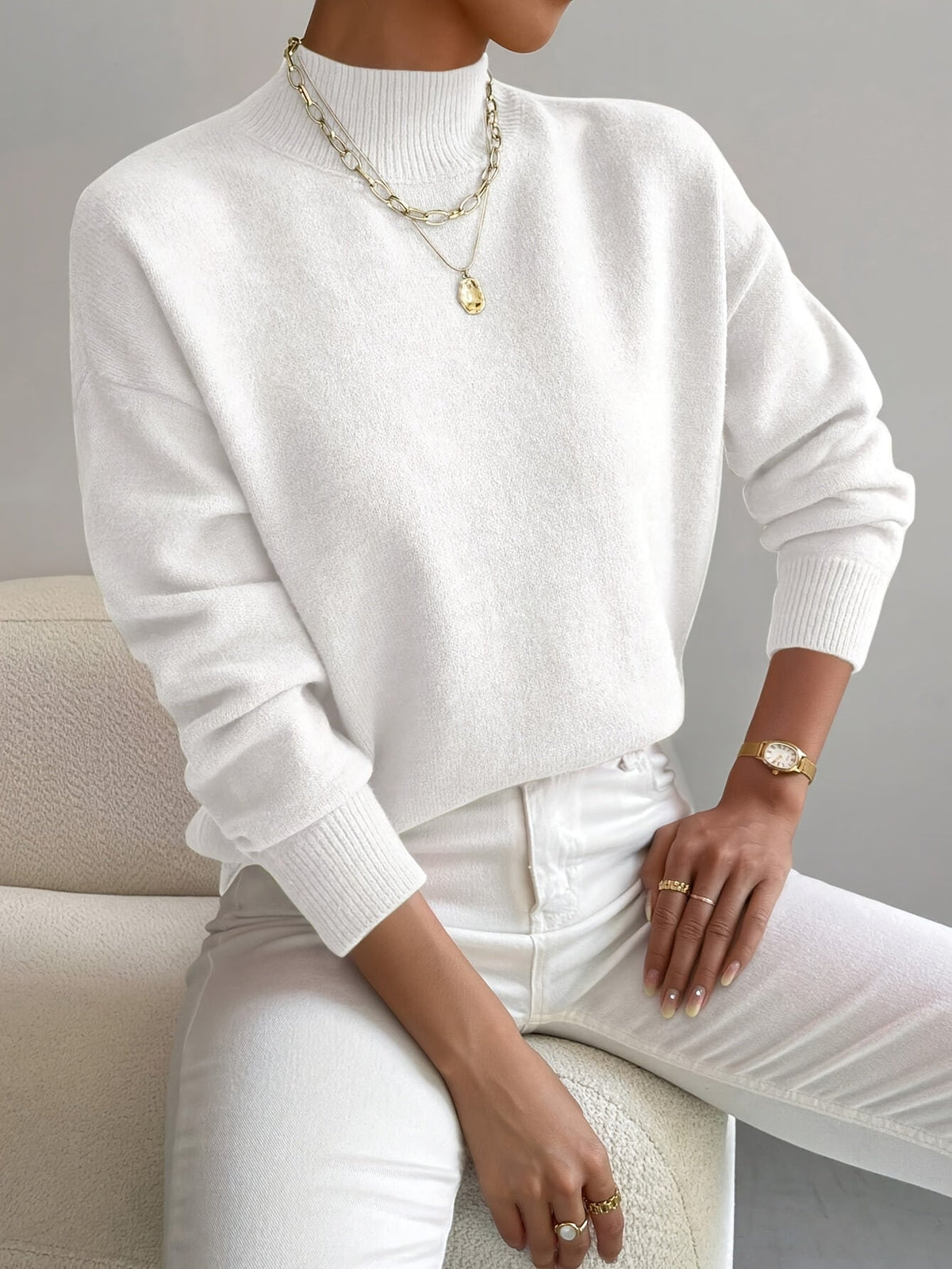 Mock Neck Long Sleeve Drop Shoulder Knit Sweater 2