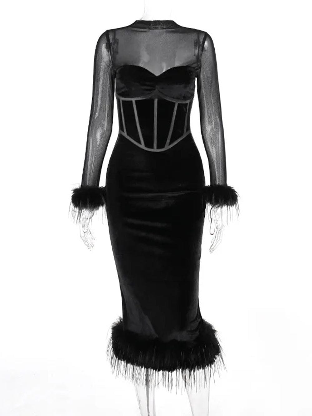 Velvet Long Sleeve Corset Feather Trim Bodycon Midi Dress - View 8