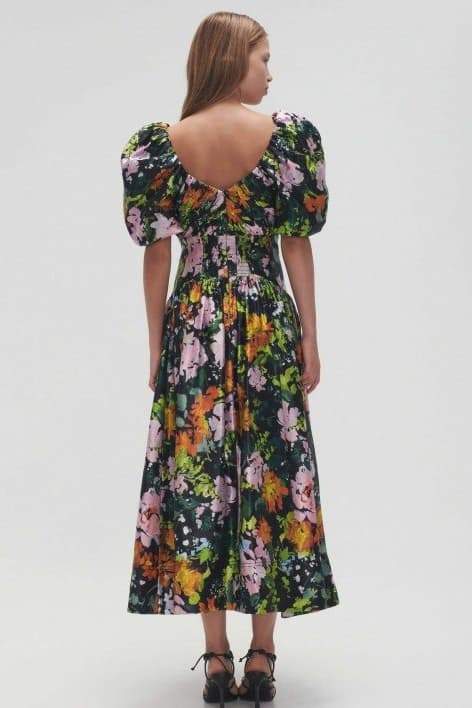 Satin Floral Print Deep V-Neck Puff Sleeve Ruched Midi Dress - View 3
