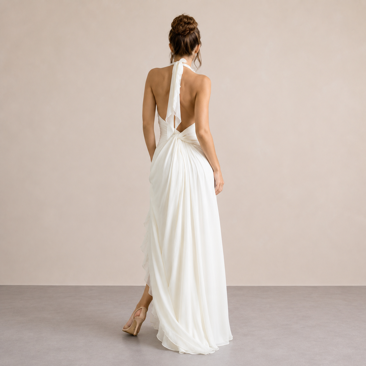Ruffle Halter Deep V-Neck Rosette High Low Chiffon Maxi Dress 6