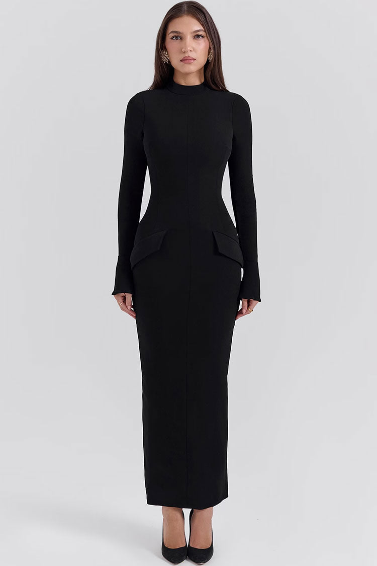High Neck Long Sleeve Peplum Bodycon Maxi Dress