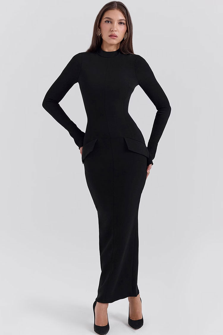 High Neck Long Sleeve Peplum Bodycon Maxi Dress in Black - View 2
