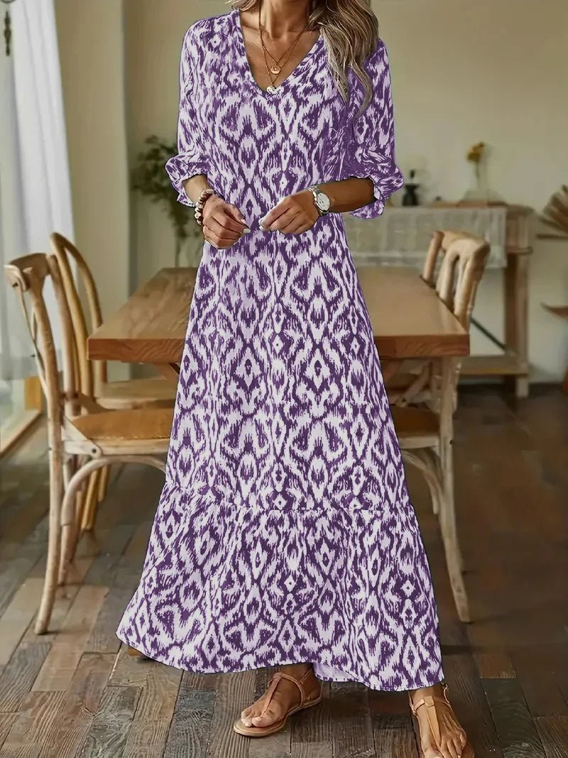 Ikat Geometric Print V-Neck Bishop Sleeve Tiered Ruffle Hem Maxi Dress - View 4