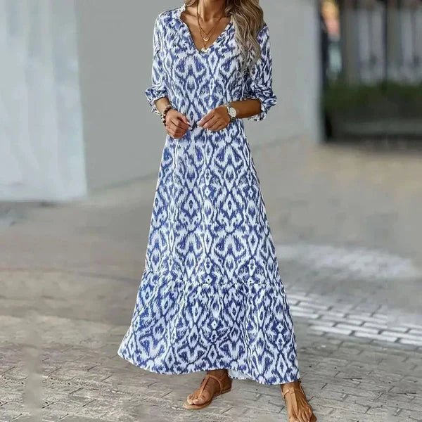 Ikat Geometric Print V-Neck Bishop Sleeve Tiered Ruffle Hem Maxi Dress - View 2