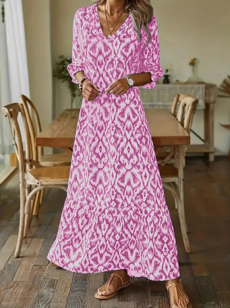 Ikat Geometric Print V-Neck Bishop Sleeve Tiered Ruffle Hem Maxi Dress - View 5