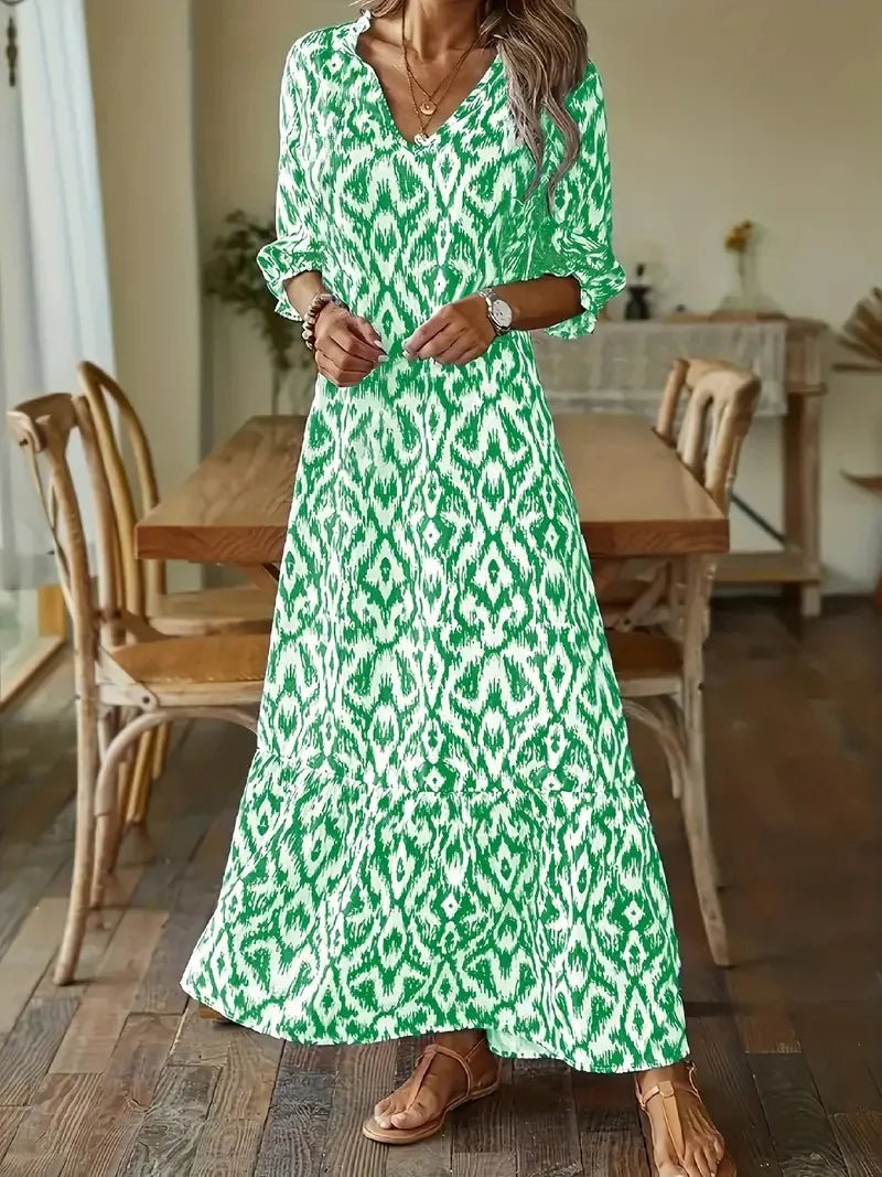 Ikat Geometric Print V-Neck Bishop Sleeve Tiered Ruffle Hem Maxi Dress - View 3