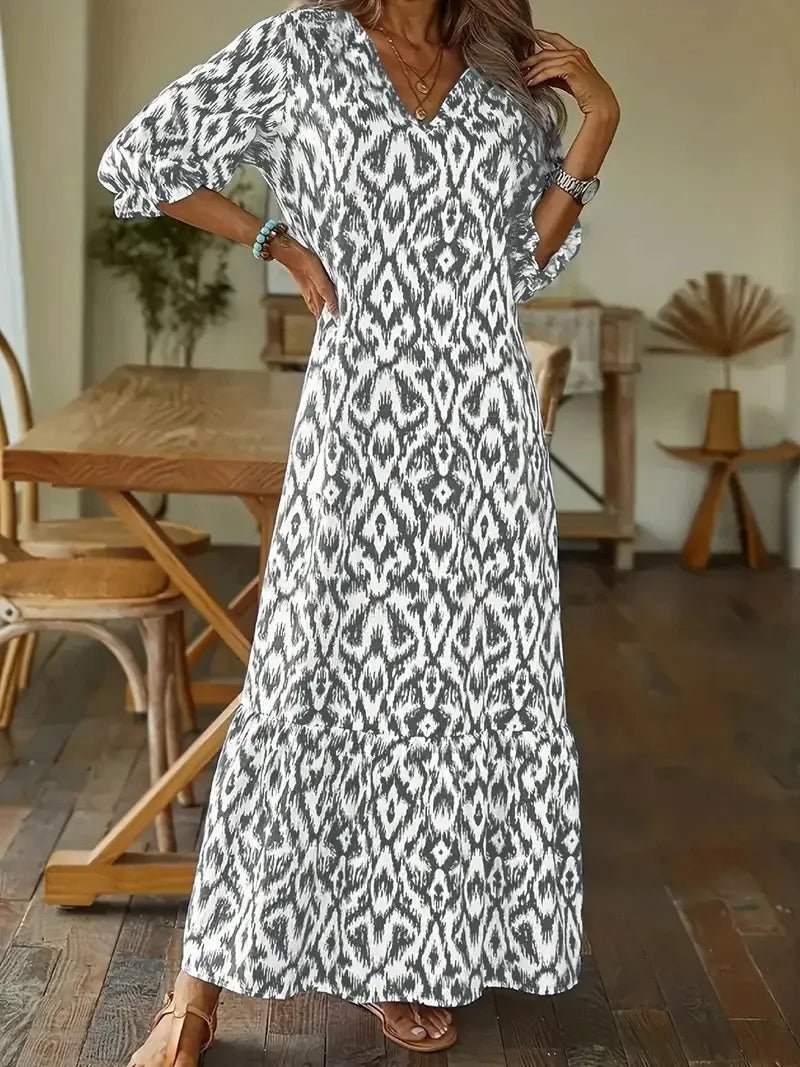 Ikat Geometric Print V-Neck Bishop Sleeve Tiered Ruffle Hem Maxi Dress - View 6