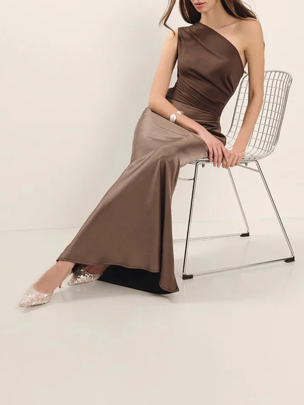 Satin One Shoulder Sleeveless Ruched Mermaid Maxi Gown in Brown - View 3