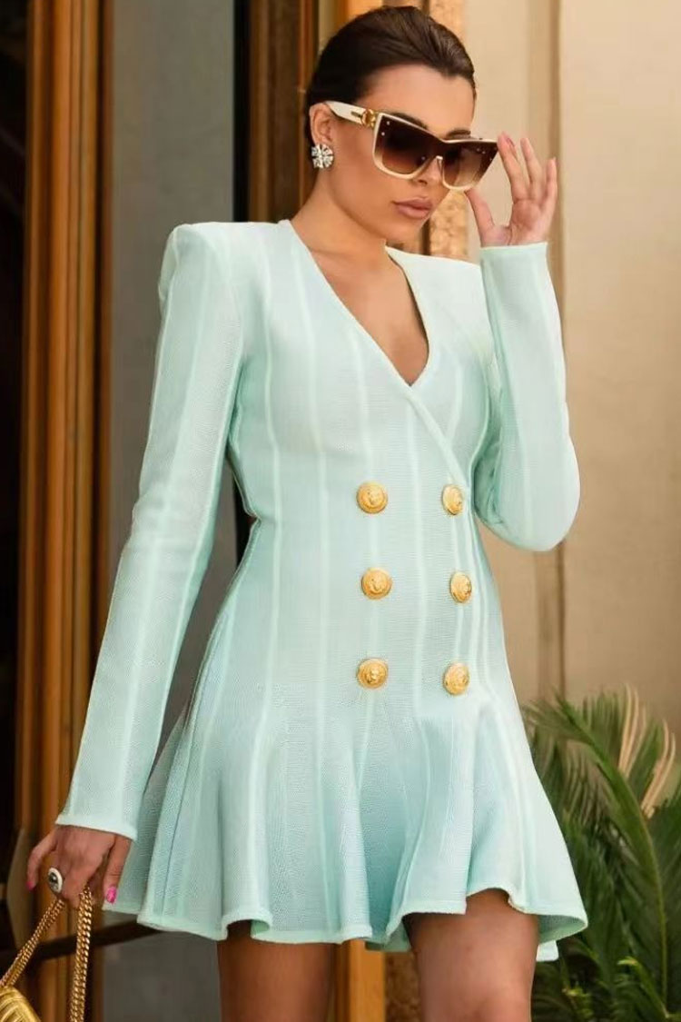 Modern Shoulder Pad Long Sleeve Ruffle Bandage Mini Dress - Lake Green - View 2
