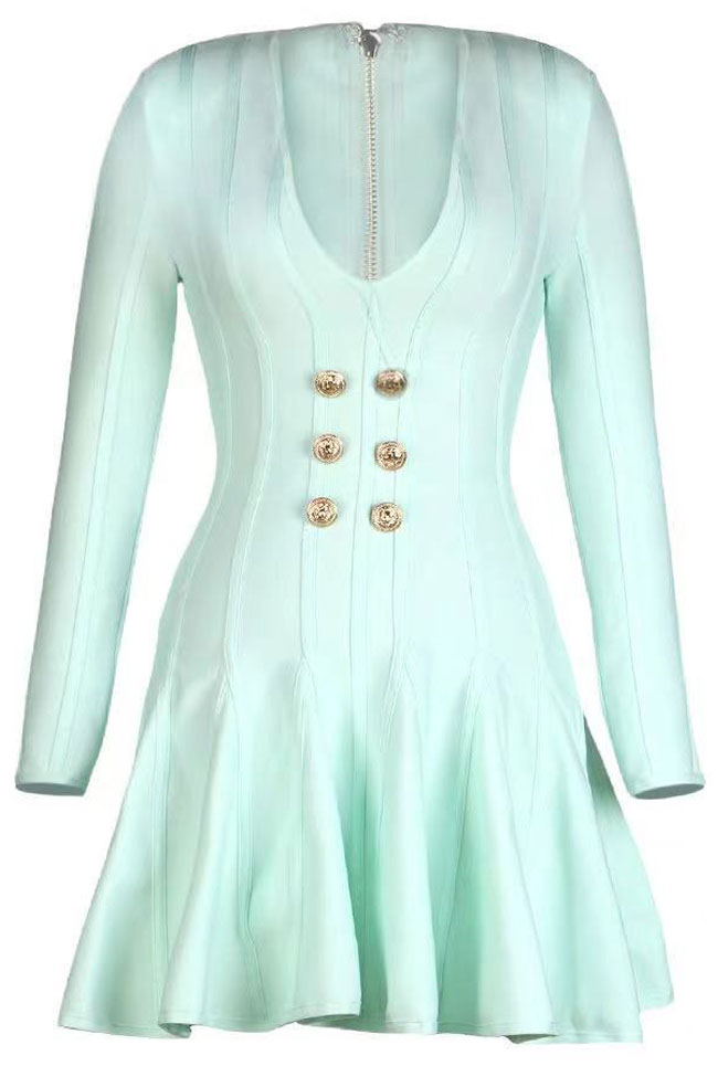 Modern Shoulder Pad Long Sleeve Ruffle Bandage Mini Dress - Lake Green - View 3