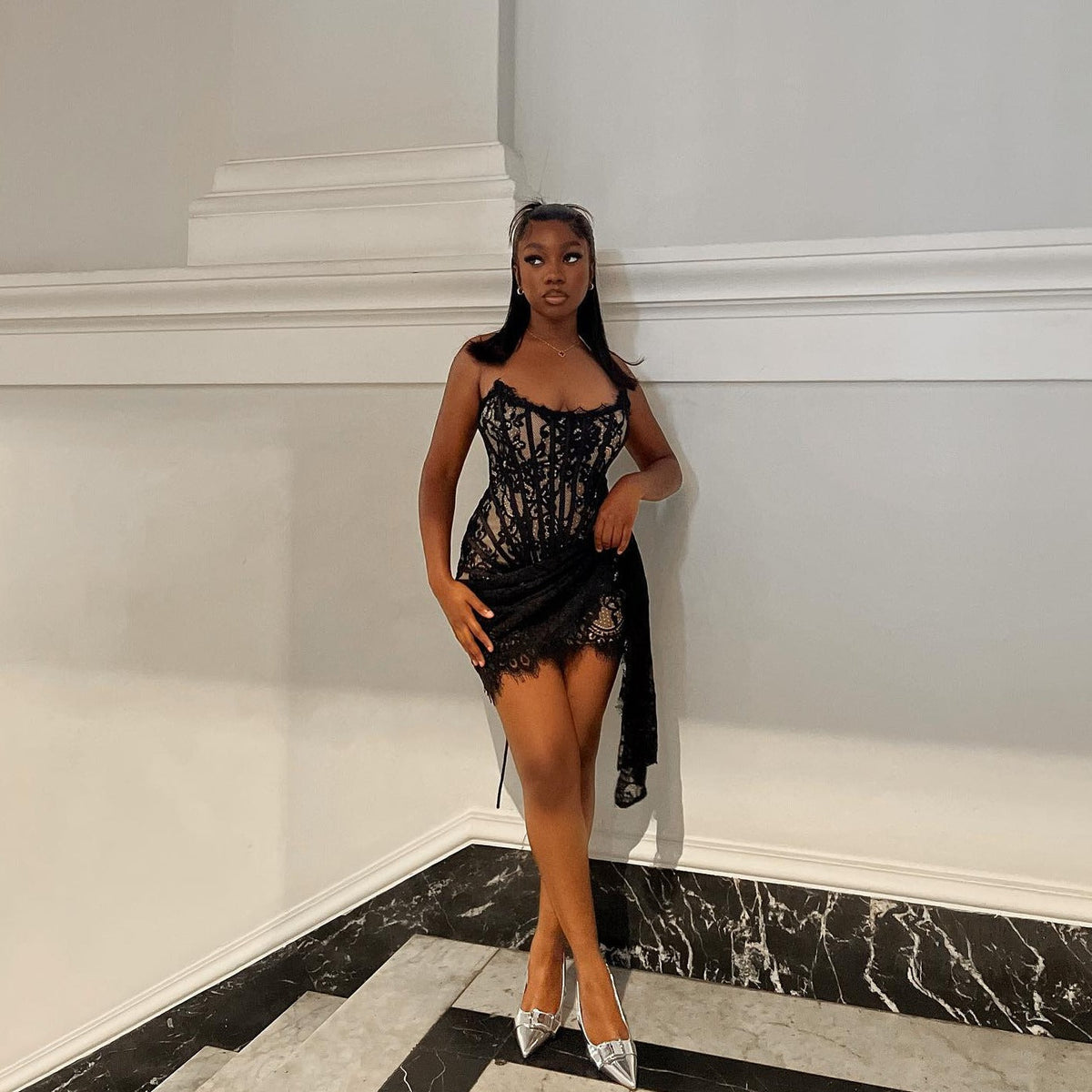 Lace Strapless Corset Draped Mini Dress - View 9