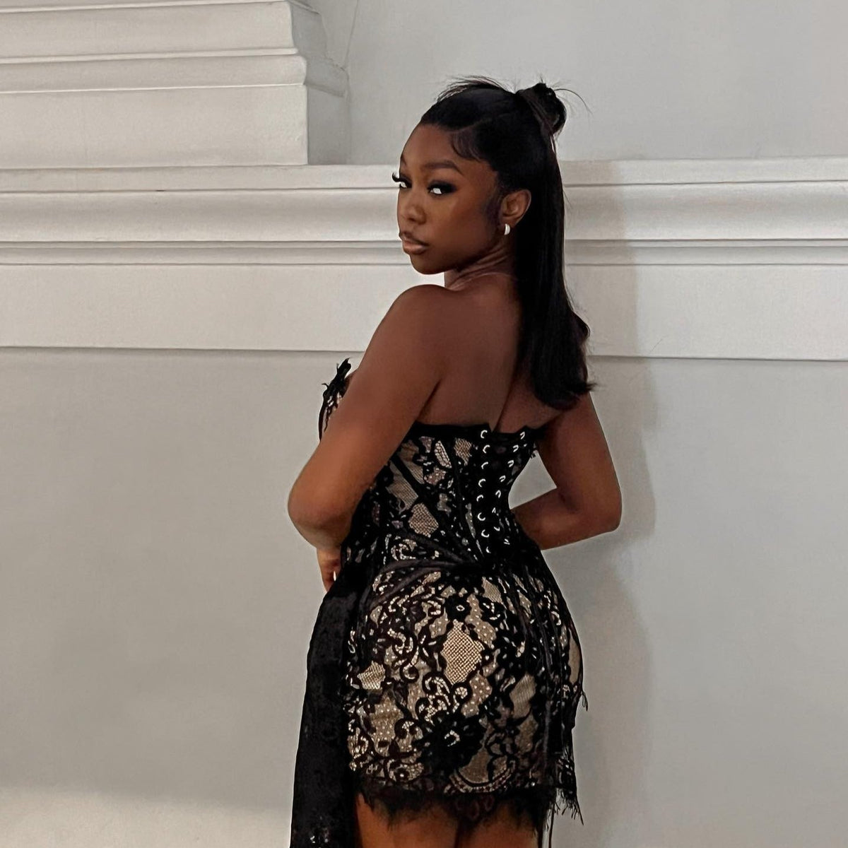 Lace Strapless Corset Draped Mini Dress - View 10