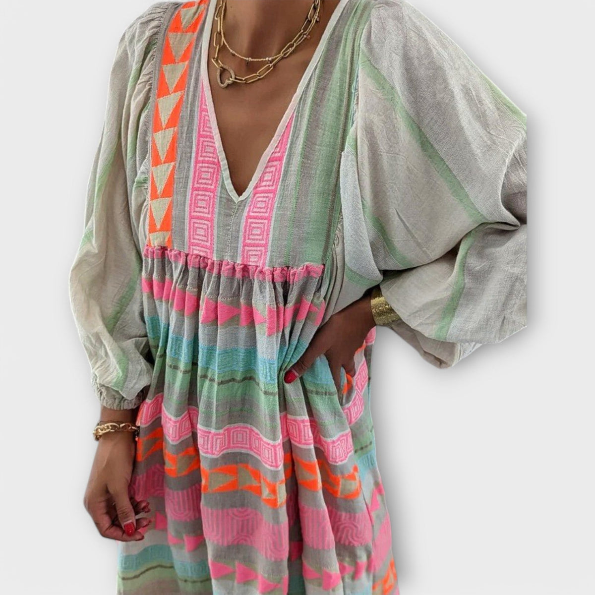 Embroidered Stripe V-Neck Long Sleeve Tiered Maxi Dress 4