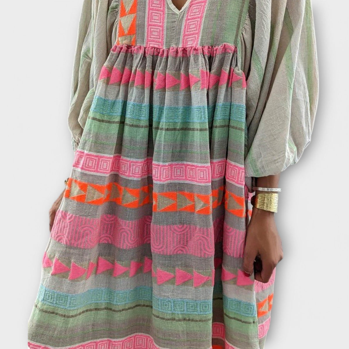 Embroidered Stripe V-Neck Long Sleeve Tiered Maxi Dress 5