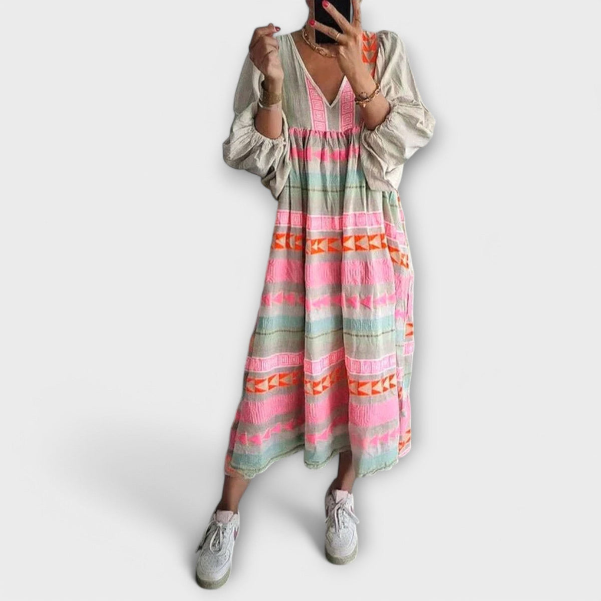 Embroidered Stripe V-Neck Long Sleeve Tiered Maxi Dress 3