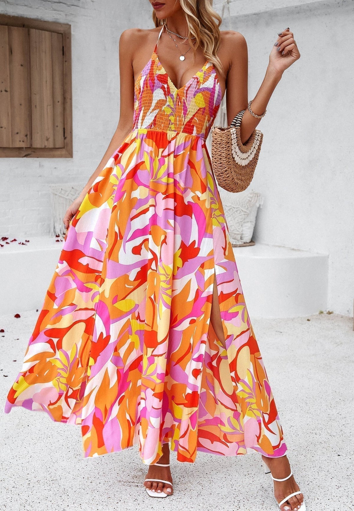 Halter Neck V-Neck Smocked Floral High Split Maxi Dress - View 3