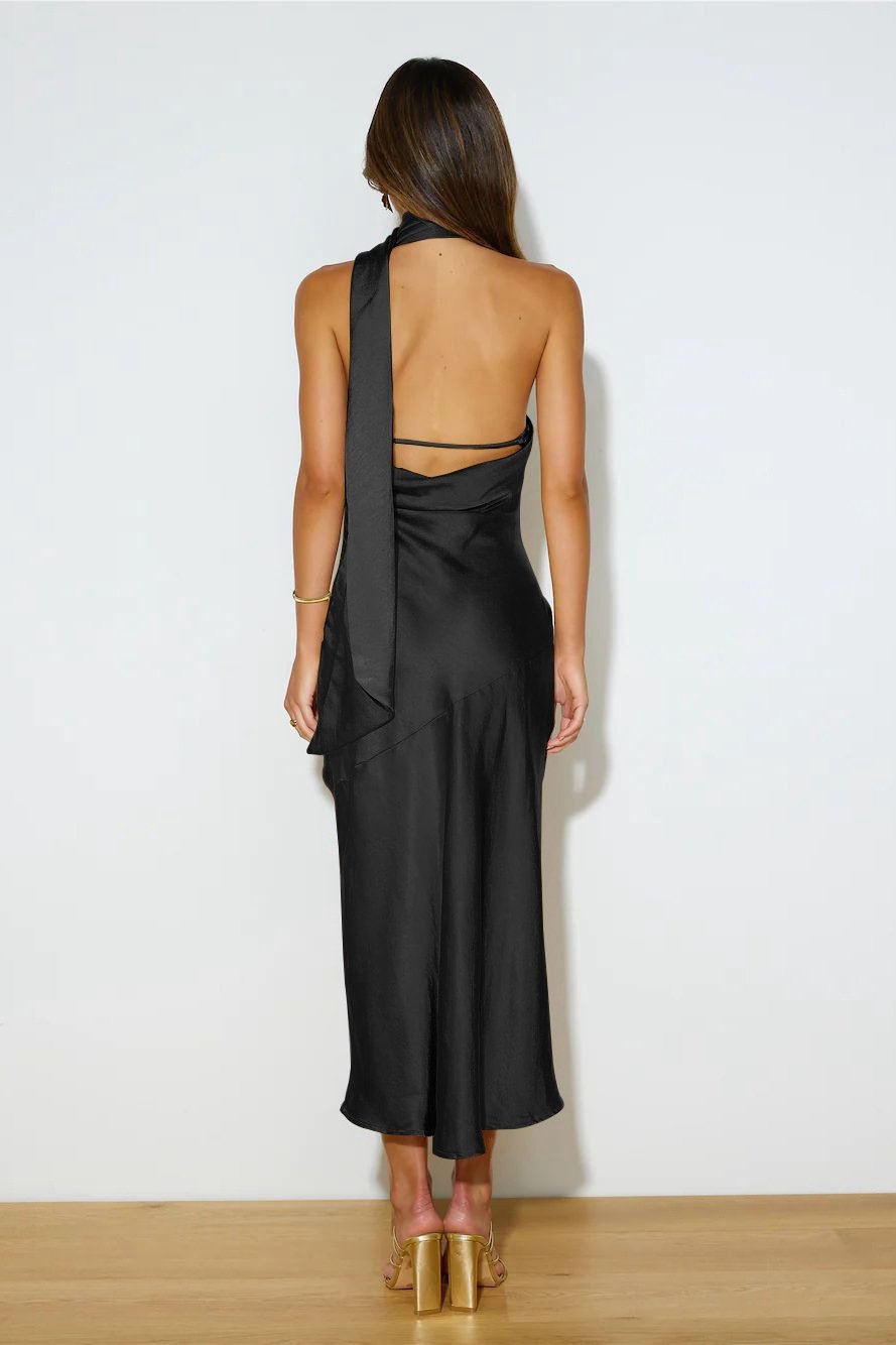 Satin Halter Neck Backless Cowl Bias Cut Midi Dress - View 6