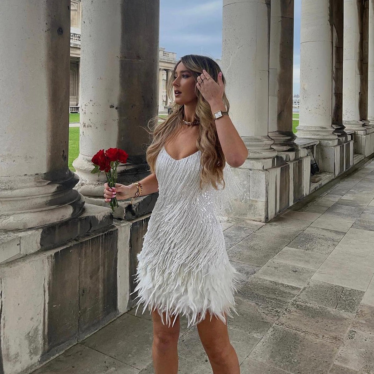 Fringe Feather Trim Spaghetti Strap Bodycon Mini Dress - View 18