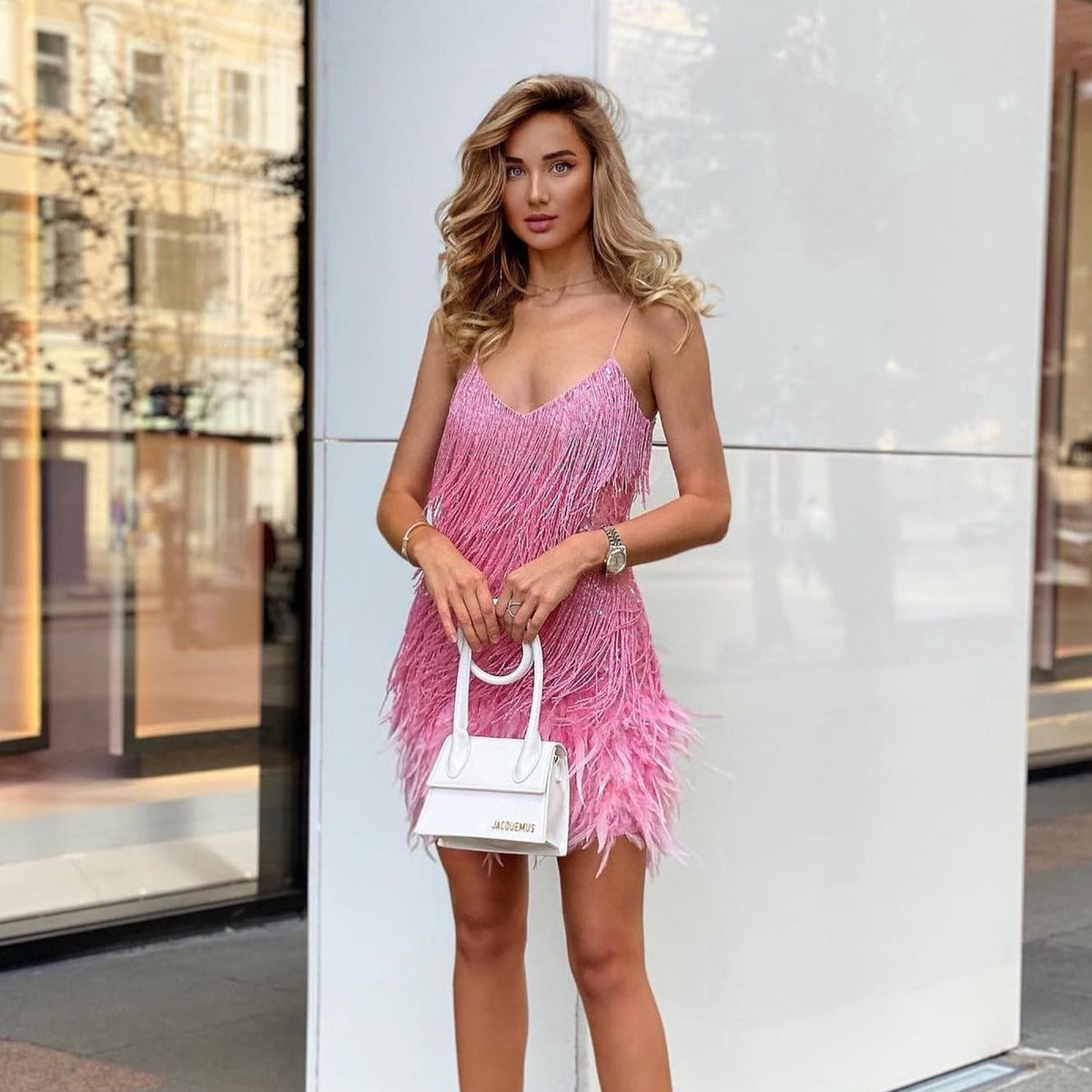 Fringe Feather Trim Spaghetti Strap Bodycon Mini Dress - View 3