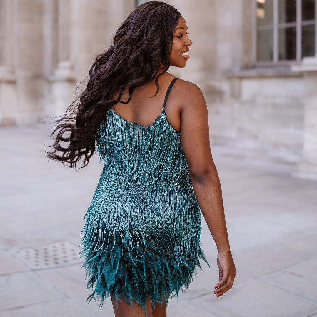 Fringe Feather Trim Spaghetti Strap Bodycon Mini Dress - View 5