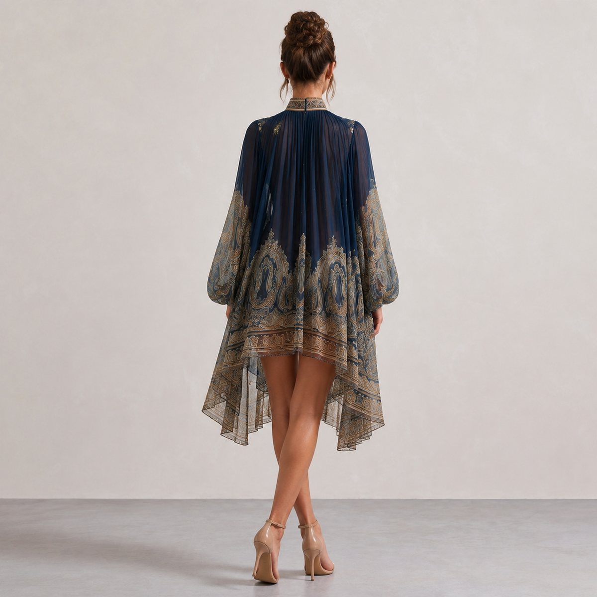 Paisley Print High Neck Balloon Sleeve High Low Mini Dress 3