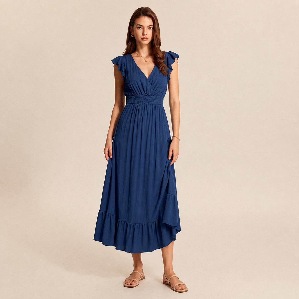 V-Neck Flutter Sleeve Shirred Waist Tiered Maxi Dress 7