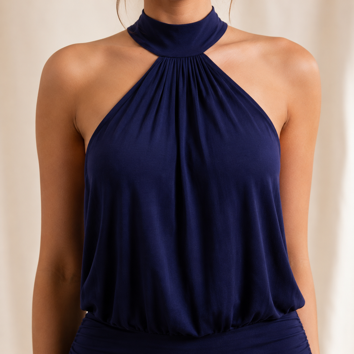 Mock Halter Neck Ruched Blouson Mini Dress 17