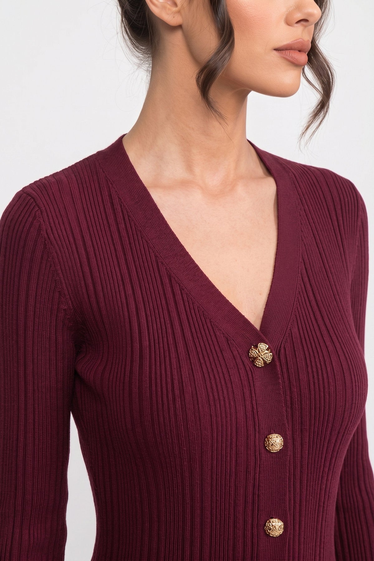 V-Neck Button-Front Ribbed Knit Maxi Dress - Burgundy - View 3