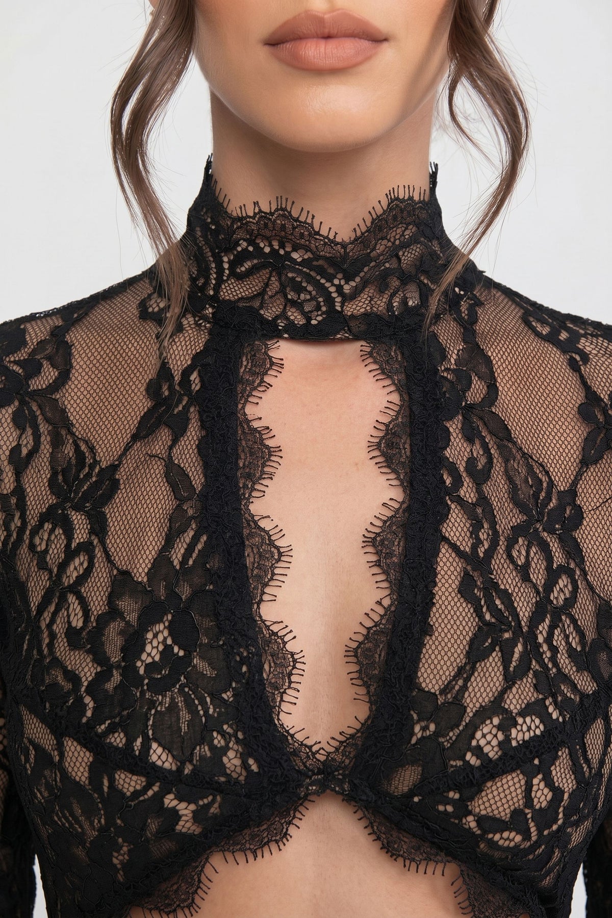 Lace High Neck Cut Out Long Sleeve High Split Maxi Gown - View 5