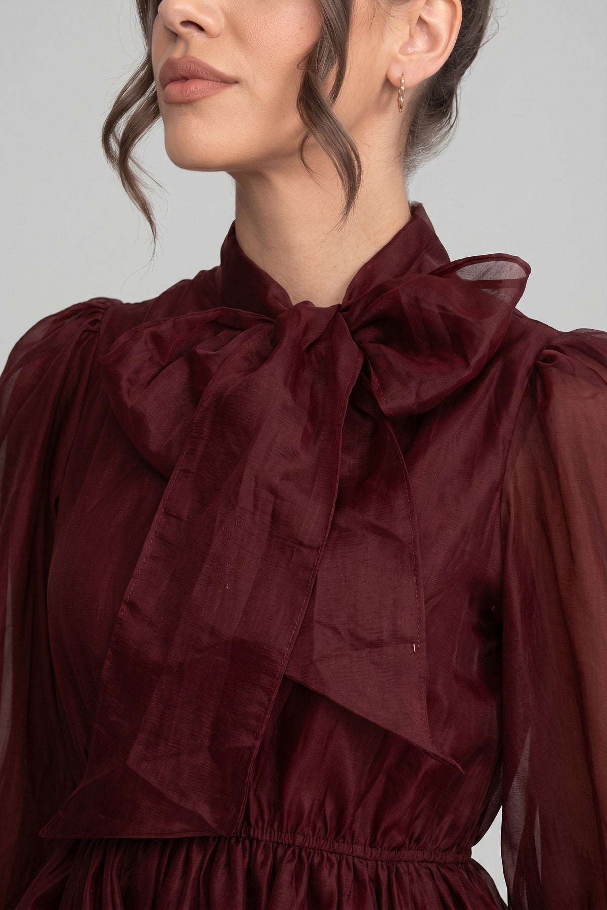 High-Neck Puff-Sleeve Mini Dress - Wine - View 6