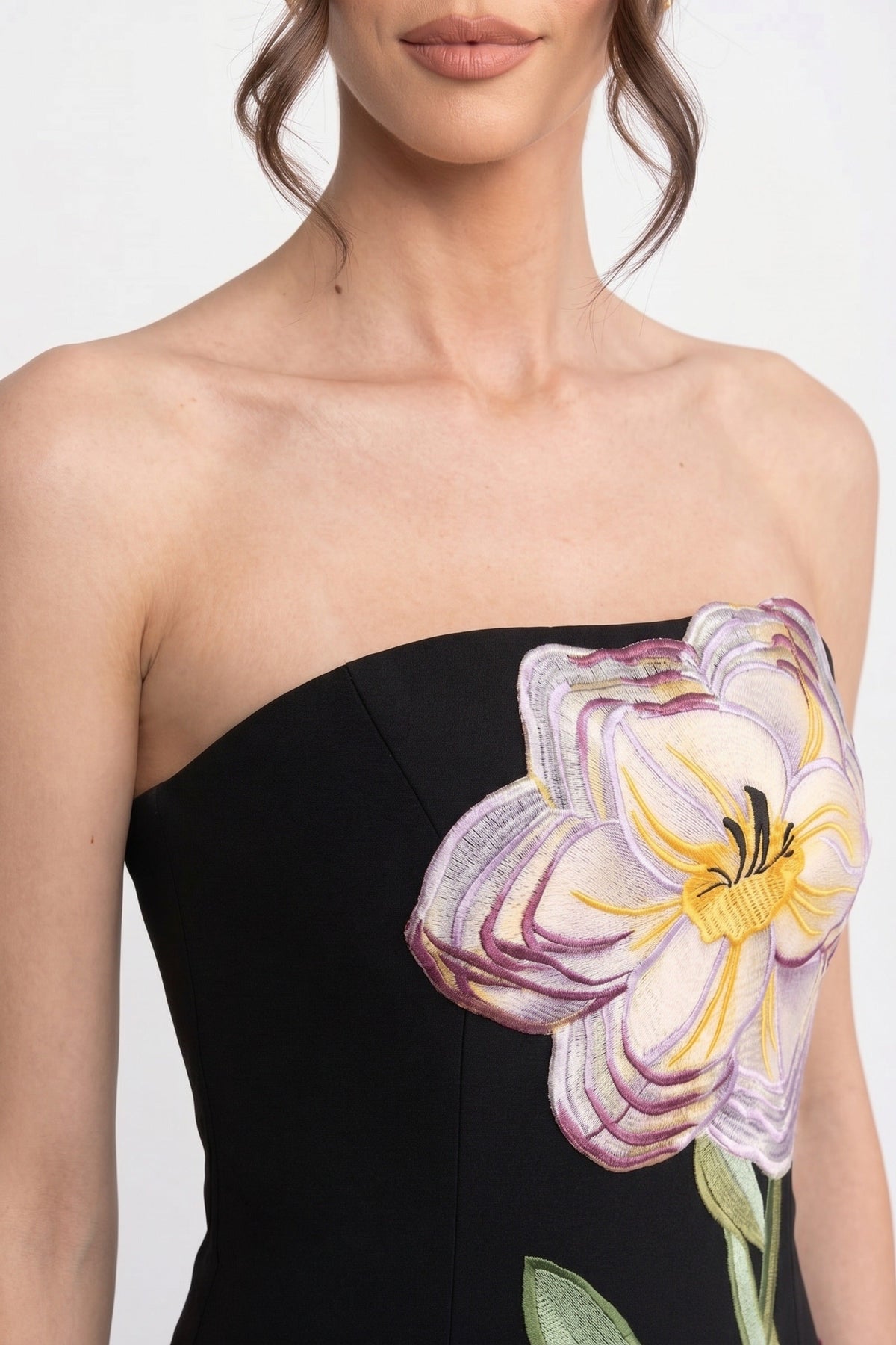 Strapless Floral-Print Midi Dress With Column Silhouette - Black - View 4