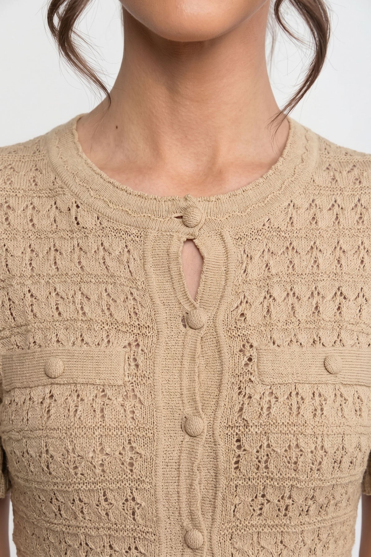Short Sleeve Midi Dress With Shimmer Knit Texture - Beige - View 5