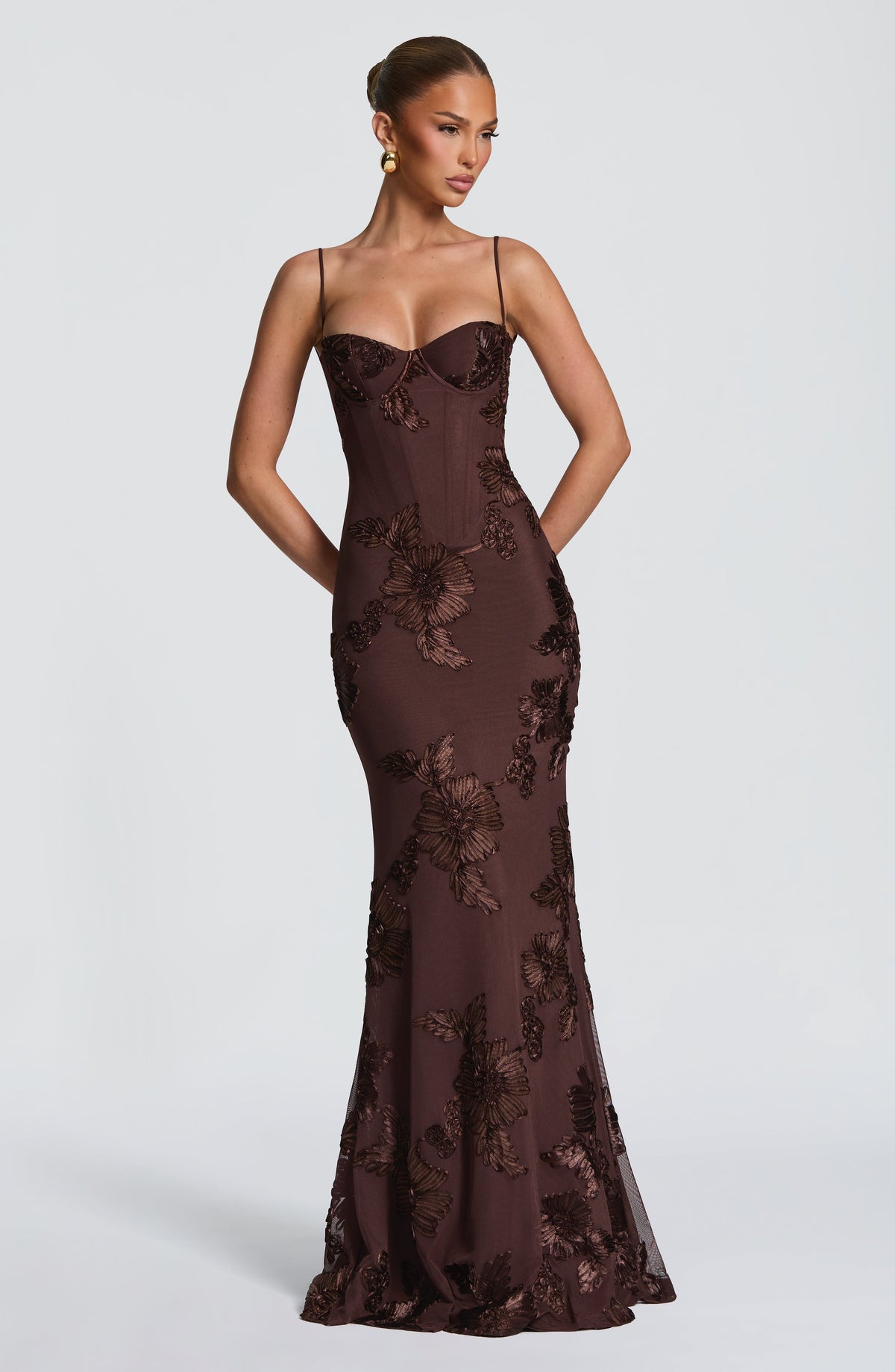 Floral Appliqué Corset Sweetheart Mermaid Maxi Gown