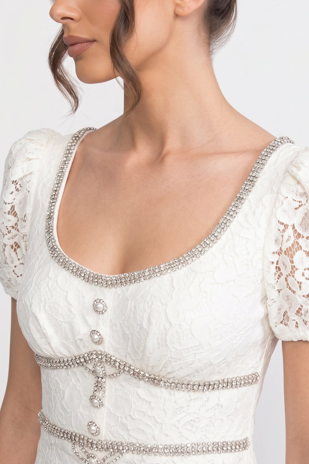 Lace Scoop Neck Rhinestone Trim Puff Sleeve Ruched Bodice Midi Dress - View 4