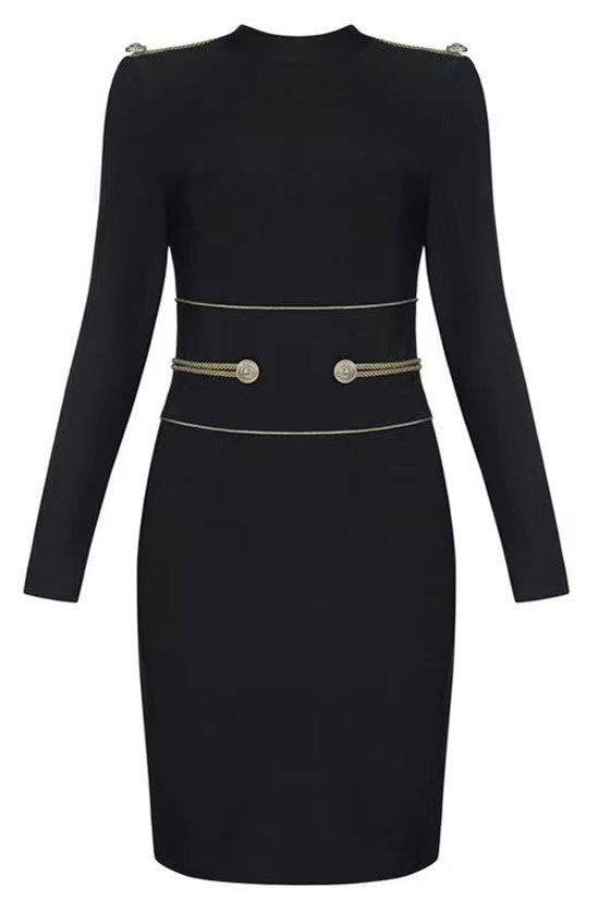 Bandage Mock Neck Long Sleeve Button Trim Bodycon Dress - View 5