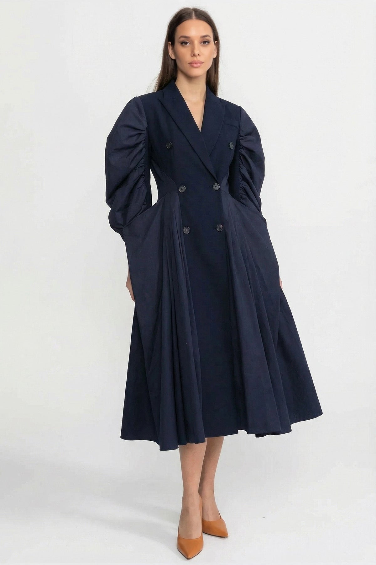 Double Breasted Puff Sleeve Pleated A-Line Midi Dress