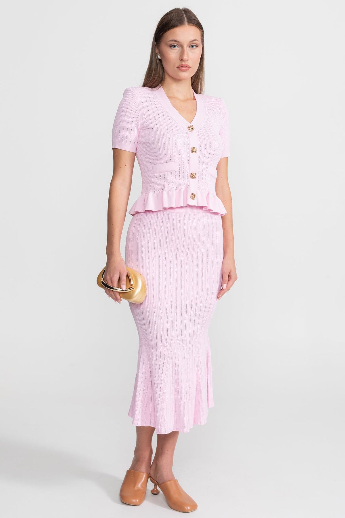 Knit Midi Co-Ord with Peplum Waist and Gold Buttons  – Pink - View 2