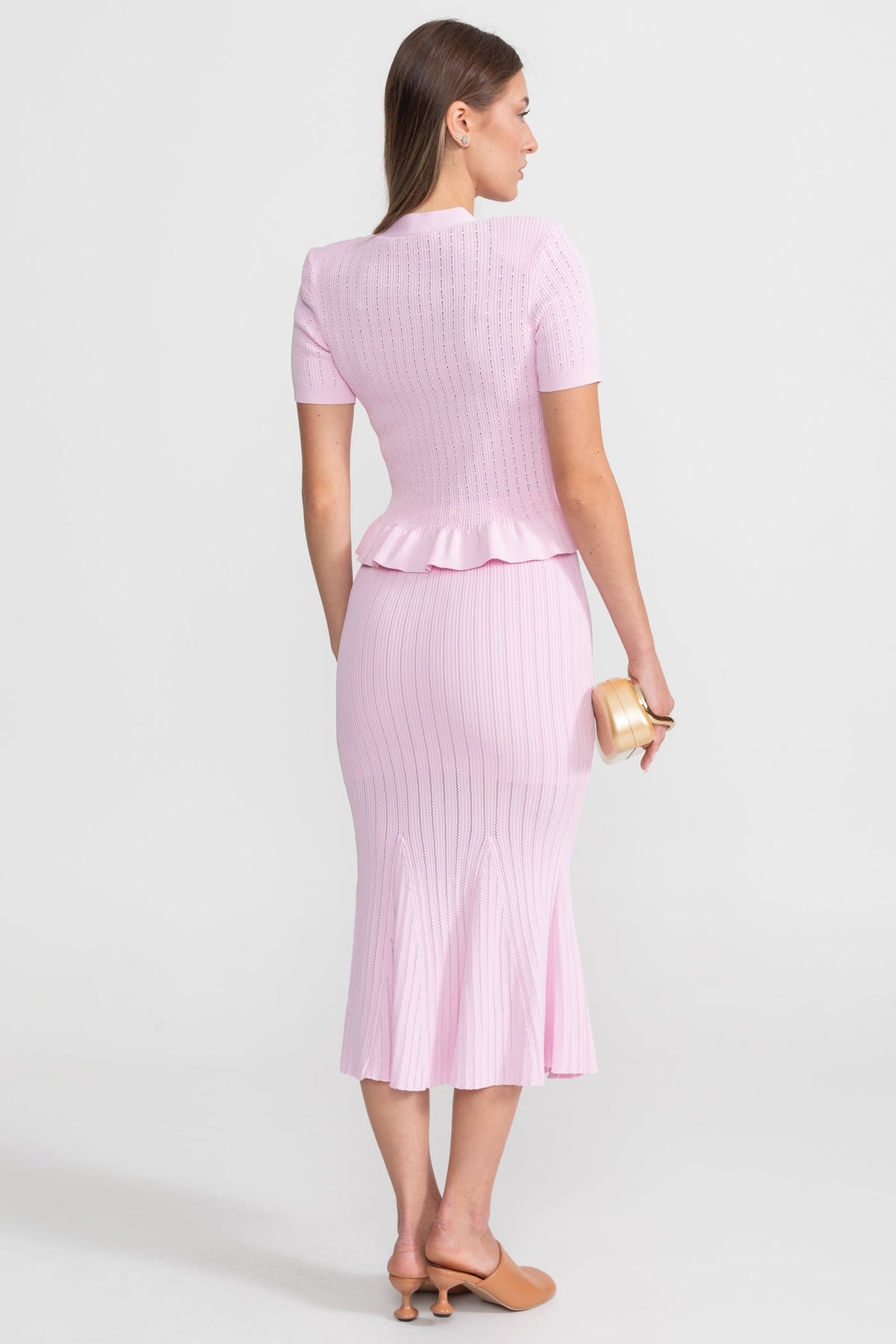 Knit Midi Co-Ord with Peplum Waist and Gold Buttons  – Pink - View 4