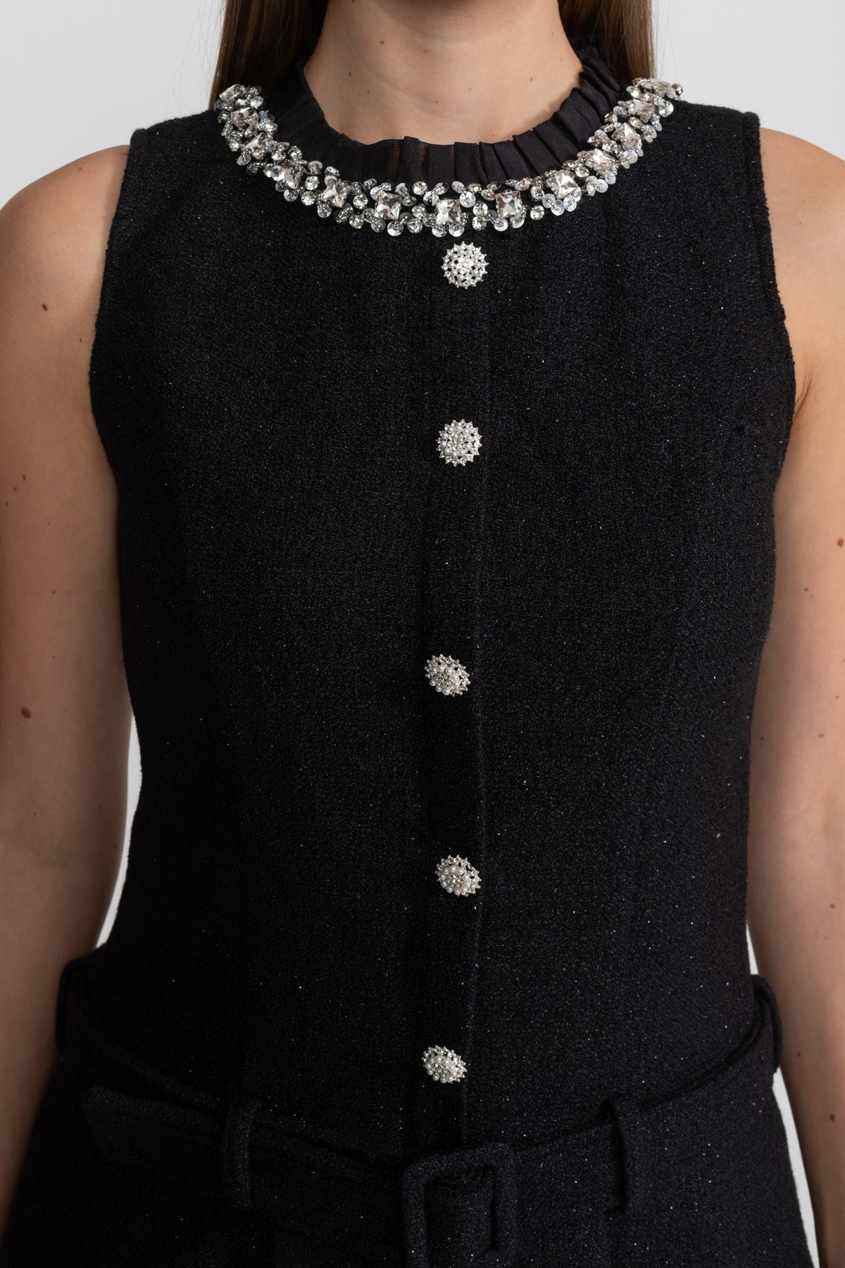 Rhinestone Collar Crystal Button Belted Tweed Sleeveless Mini Dress - View 7