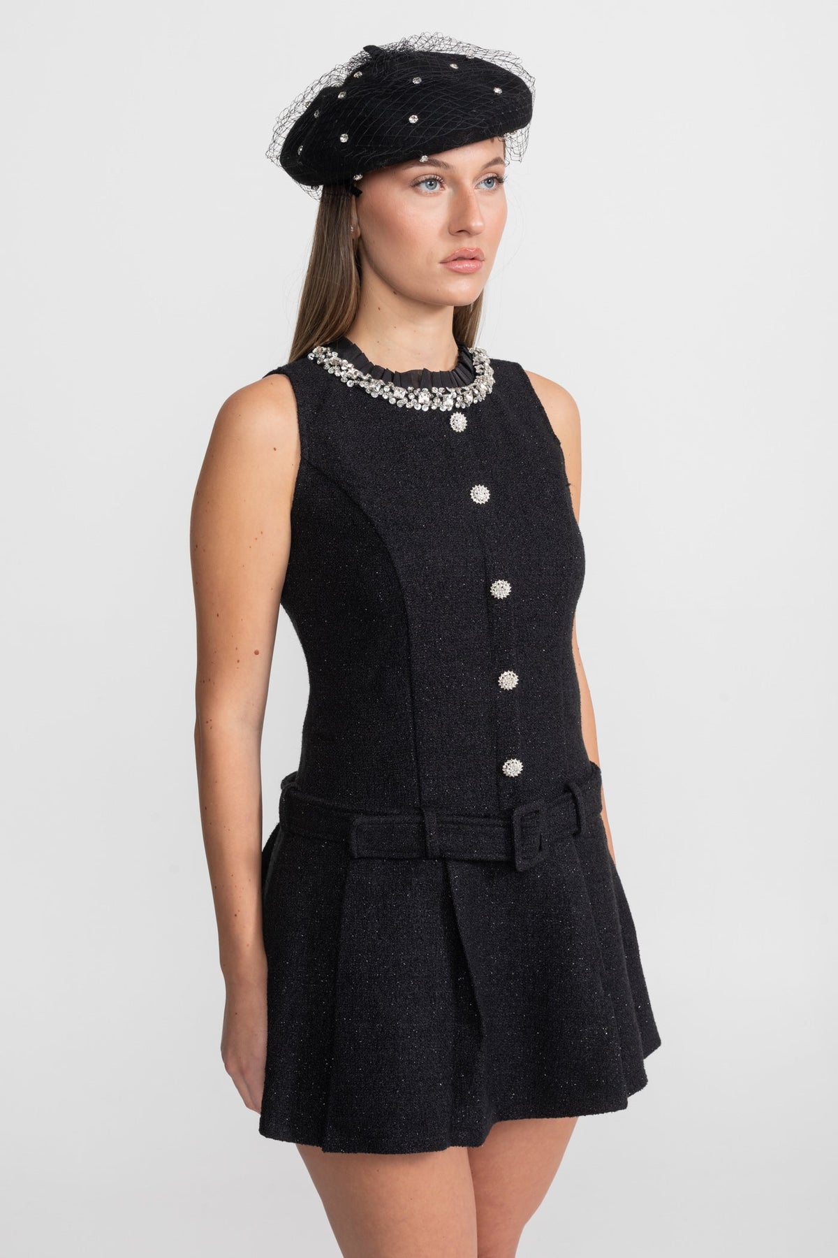 Rhinestone Collar Crystal Button Belted Tweed Sleeveless Mini Dress - View 5