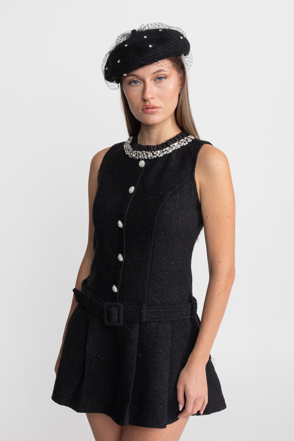 Rhinestone Collar Crystal Button Belted Tweed Sleeveless Mini Dress - View 4