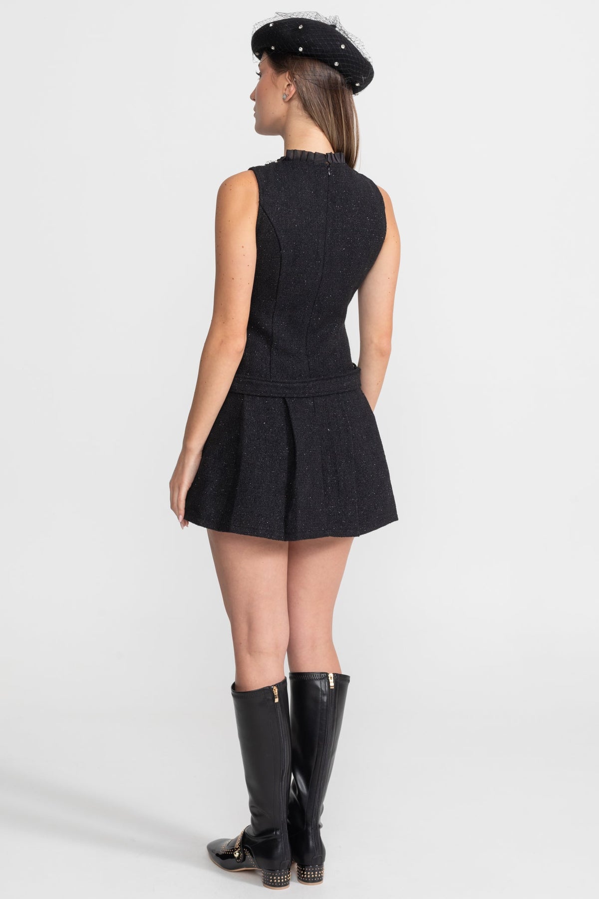 Rhinestone Collar Crystal Button Belted Tweed Sleeveless Mini Dress - View 8