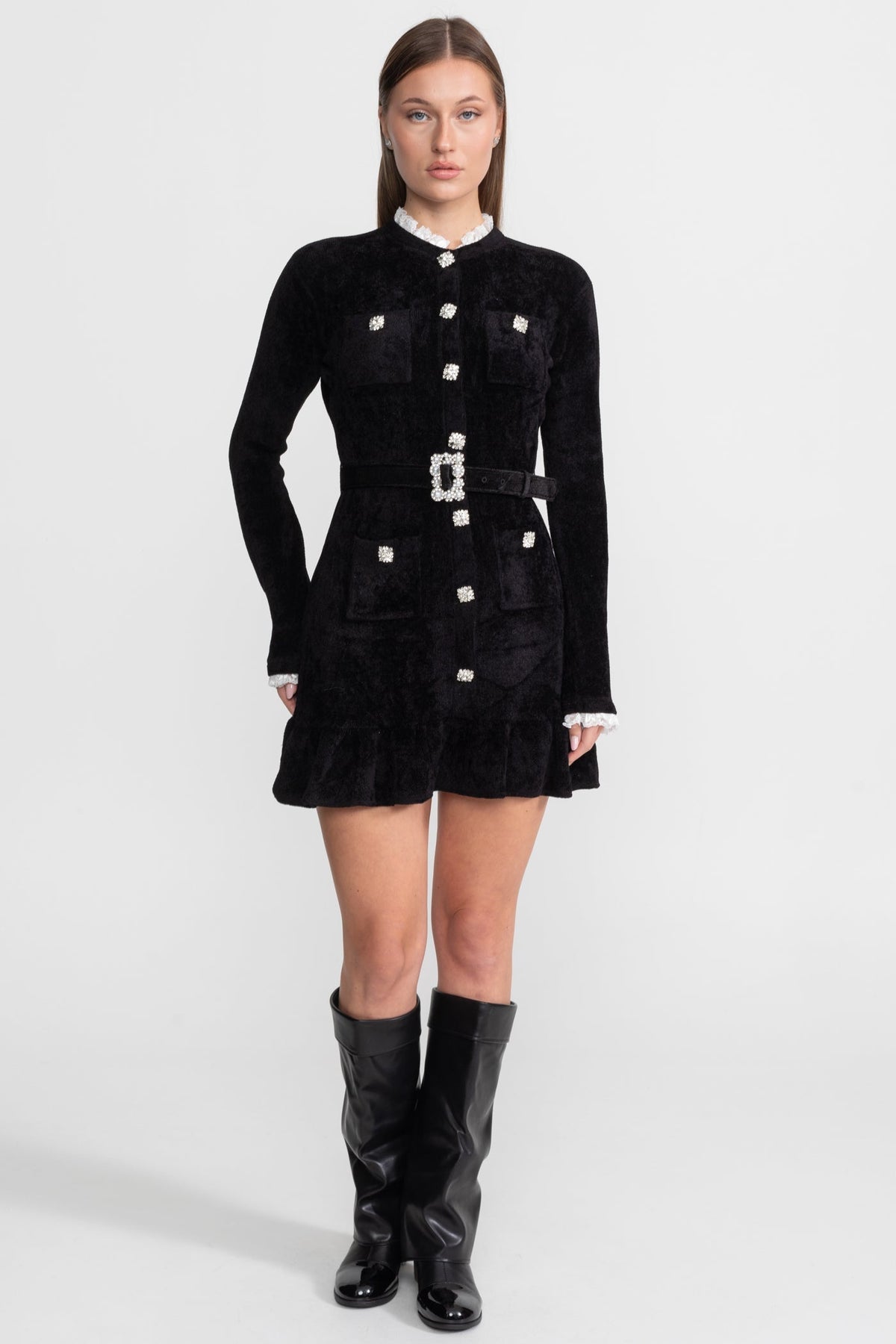 Knit Crystal-Button Mini Dress With Matching Belt – Black - View 2